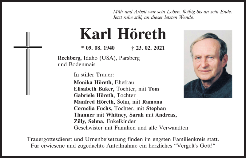  Traueranzeige für Karl Höreth vom 25.02.2021 aus Mittelbayerische Zeitung Regensburg