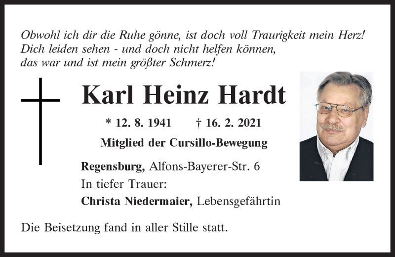  Traueranzeige für Karl Heinz Hardt vom 27.02.2021 aus Mittelbayerische Zeitung Regensburg