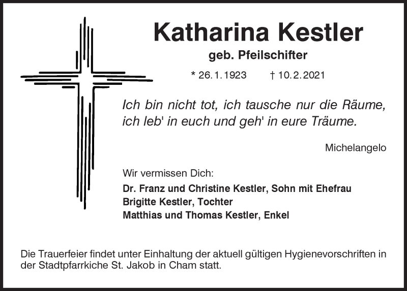  Traueranzeige für Katharina Kestler vom 15.02.2021 aus Bayerwald Echo
