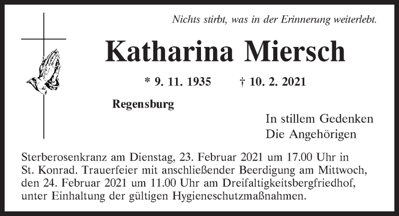  Traueranzeige für Katharina Miersch vom 20.02.2021 aus Mittelbayerische Zeitung Regensburg