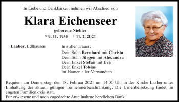 Traueranzeige von Klara Eichenseer von Mittelbayerische Zeitung Regensburg