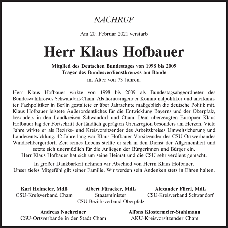  Traueranzeige für Klaus Hofbauer vom 24.02.2021 aus Bayerwald Echo