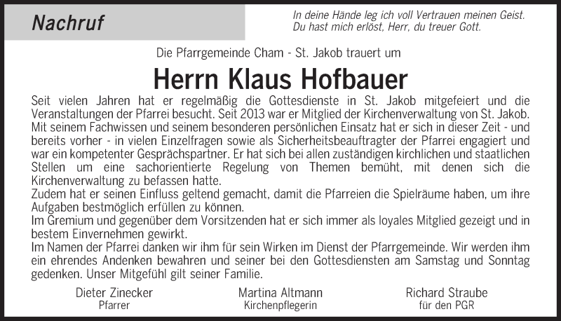  Traueranzeige für Klaus Hofbauer vom 25.02.2021 aus Bayerwald Echo