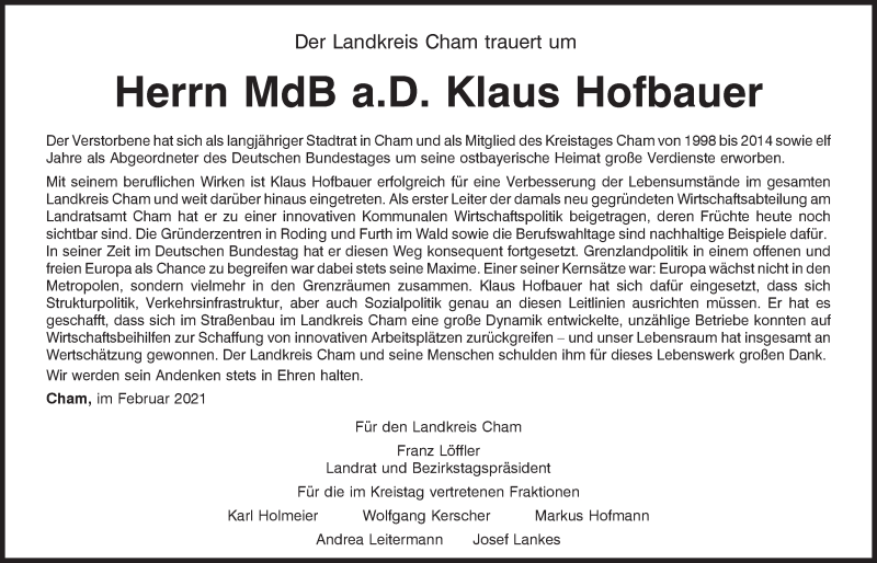  Traueranzeige für Klaus Hofbauer vom 24.02.2021 aus Bayerwald Echo