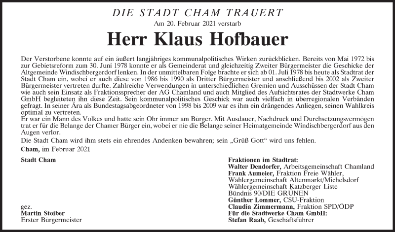  Traueranzeige für Klaus Hofbauer vom 24.02.2021 aus Bayerwald Echo