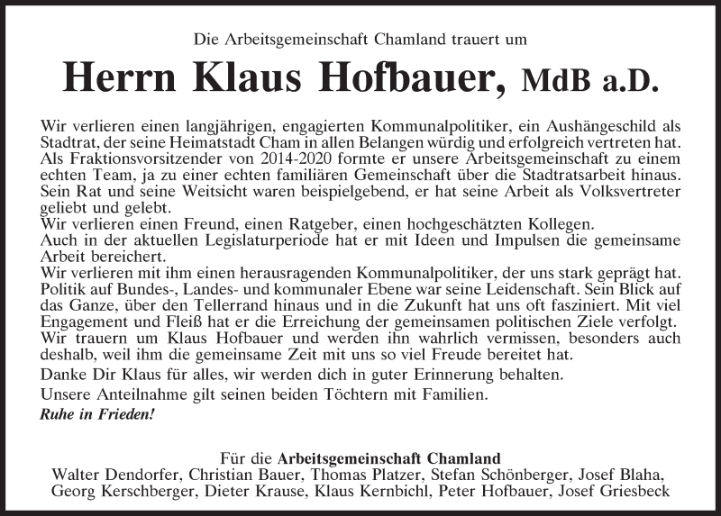  Traueranzeige für Klaus Hofbauer vom 26.02.2021 aus Bayerwald Echo