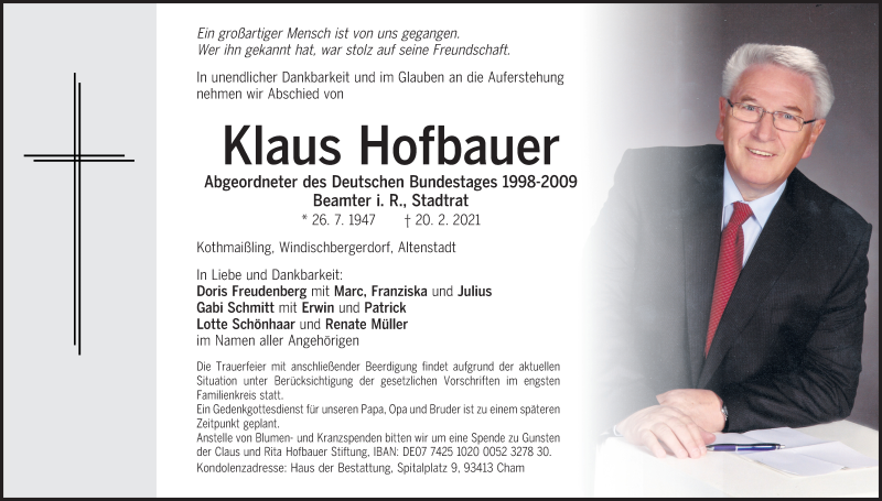  Traueranzeige für Klaus Hofbauer vom 24.02.2021 aus Mittelbayerische Zeitung Gesamtausgabe