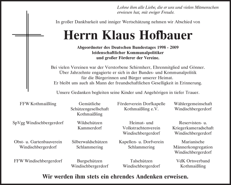  Traueranzeige für Klaus Hofbauer vom 26.02.2021 aus Bayerwald Echo