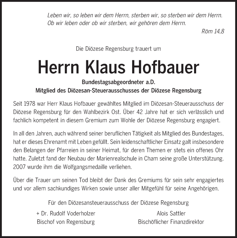  Traueranzeige für Klaus Hofbauer vom 26.02.2021 aus Bayerwald Echo