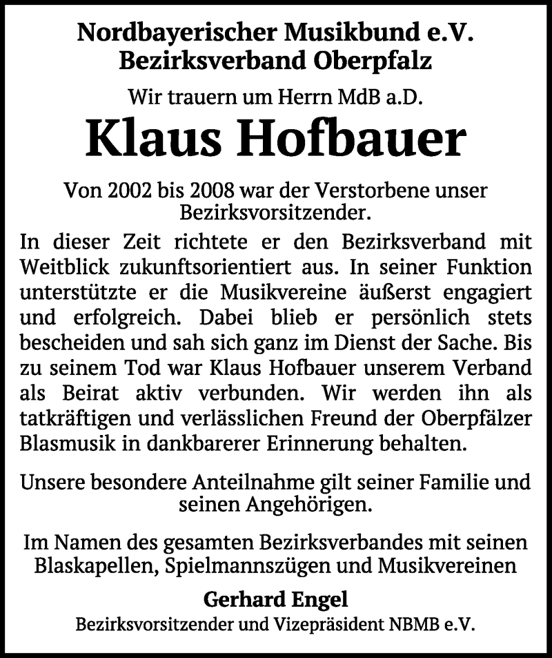  Traueranzeige für Klaus Hofbauer vom 25.02.2021 aus Bayerwald Echo