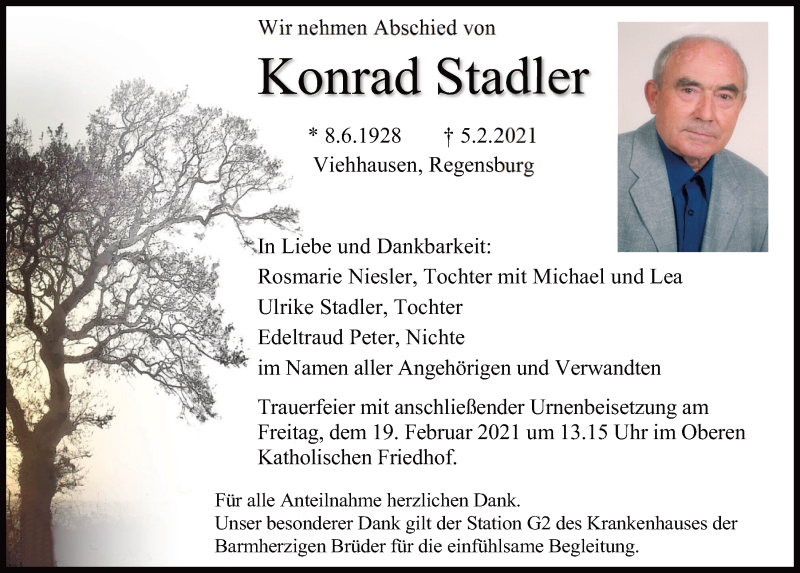  Traueranzeige für Konrad Stadler vom 13.02.2021 aus Mittelbayerische Zeitung Regensburg