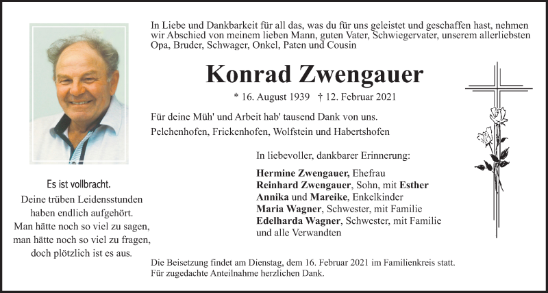  Traueranzeige für Konrad Zwengauer vom 15.02.2021 aus Neumarkter Tagblatt