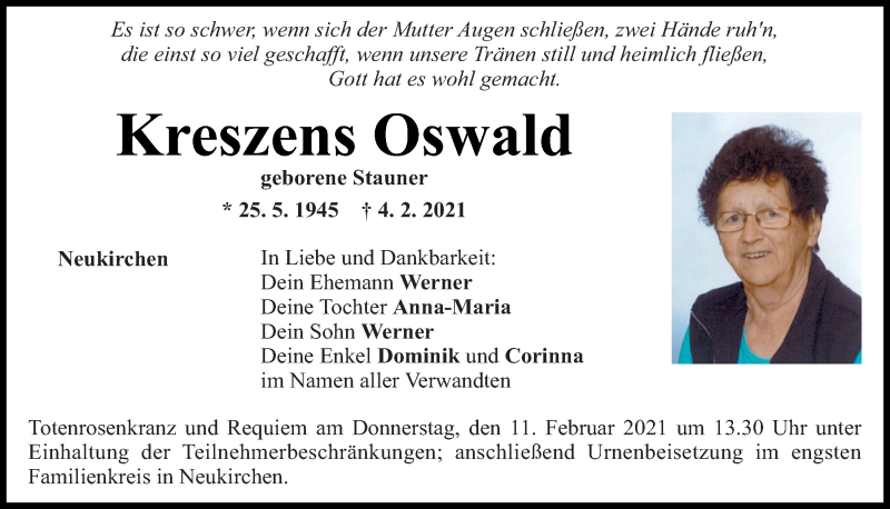  Traueranzeige für Kreszens Oswald vom 09.02.2021 aus Mittelbayerische Zeitung Regensburg