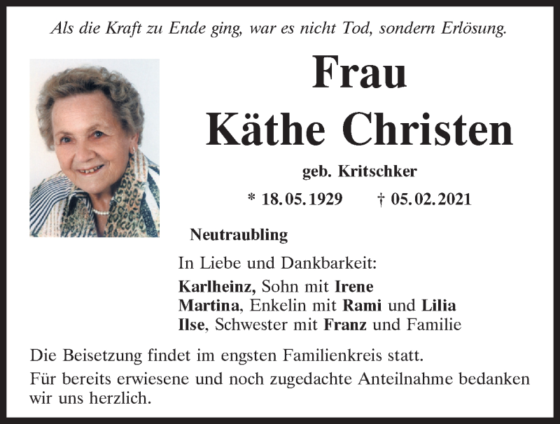  Traueranzeige für Käthe Christen vom 13.02.2021 aus Mittelbayerische Zeitung Regensburg