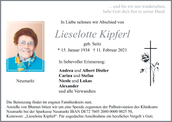 Traueranzeige von Lieselotte Kipferl von Neumarkter Tagblatt