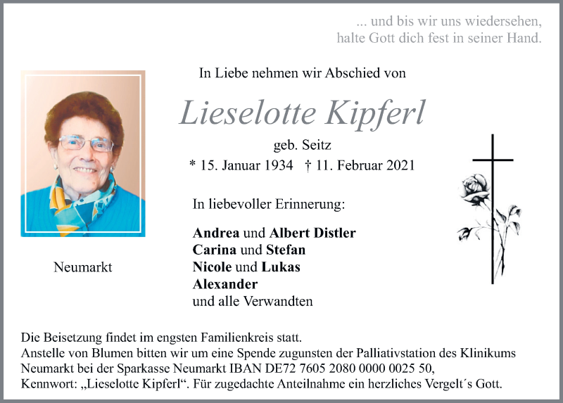  Traueranzeige für Lieselotte Kipferl vom 15.02.2021 aus Neumarkter Tagblatt