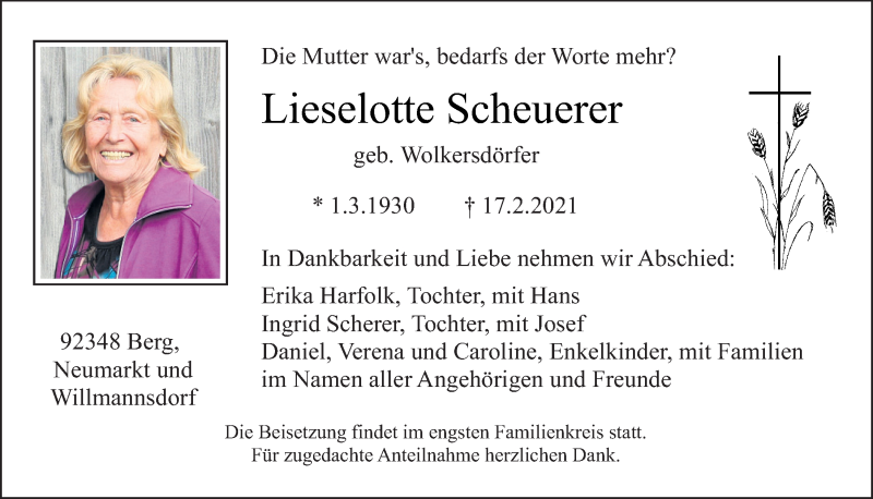  Traueranzeige für Lieselotte Scheuerer vom 20.02.2021 aus Neumarkter Tagblatt