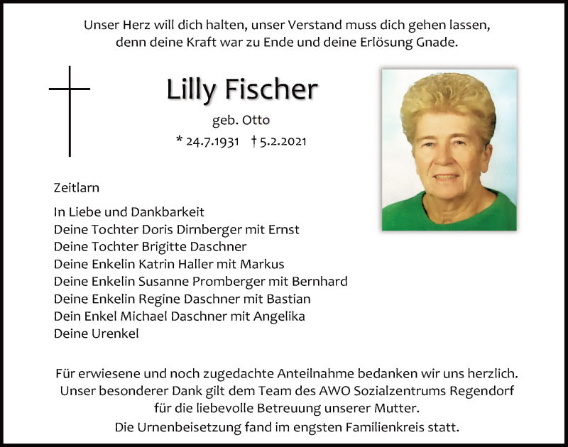  Traueranzeige für Lilly Fischer vom 13.02.2021 aus Mittelbayerische Zeitung Regensburg