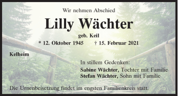 Traueranzeige von Lilly Wächter von Mittelbayerische Zeitung Kelheim