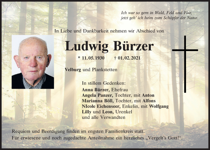  Traueranzeige für Ludwig Bürzer vom 03.02.2021 aus Neumarkter Tagblatt