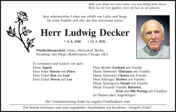 Traueranzeige von Ludwig Decker von Bayerwald Echo