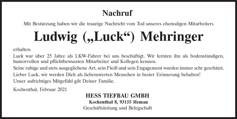 Traueranzeige für Ludwig Mehringer vom 16.02.2021 aus Mittelbayerische Zeitung Regensburg