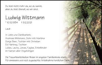 Traueranzeige von Ludwig Wittmann von Mittelbayerische Zeitung Regensburg