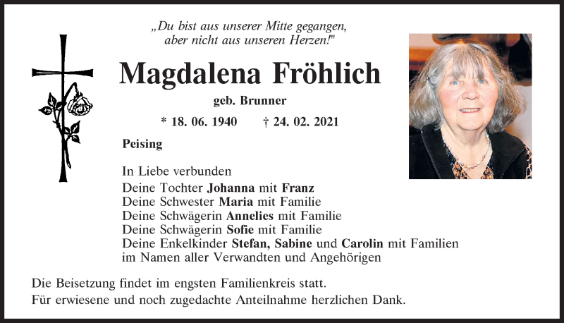  Traueranzeige für Magdalena Fröhlich vom 26.02.2021 aus Mittelbayerische Zeitung Regensburg