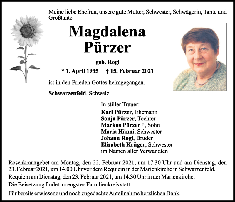 Traueranzeige für Magdalena Pürzer vom 20.02.2021 aus Mittelbayerische Zeitung Schwandorf