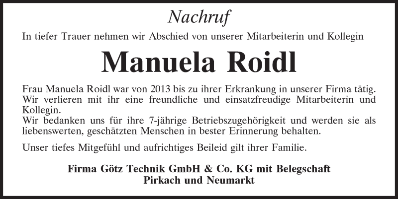  Traueranzeige für Manuela Roidl vom 13.02.2021 aus Neumarkter Tagblatt