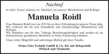 Traueranzeige von Manuela Roidl von Neumarkter Tagblatt