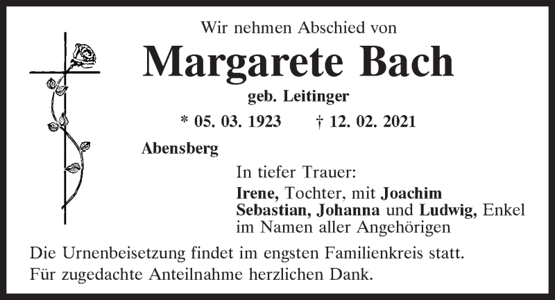  Traueranzeige für Margarete Bach vom 16.02.2021 aus Mittelbayerische Zeitung Kelheim