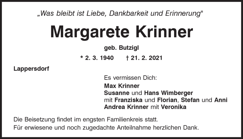  Traueranzeige für Margarete Krinner vom 25.02.2021 aus Mittelbayerische Zeitung Regensburg