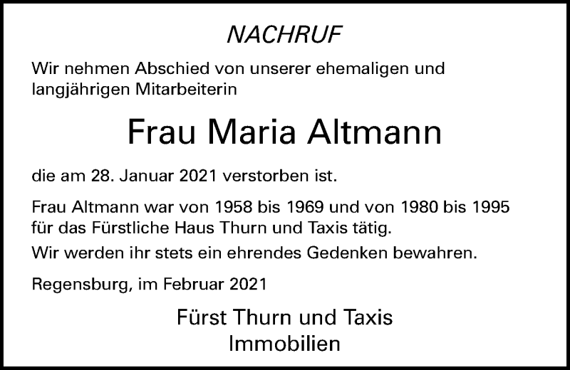  Traueranzeige für Maria Altmann vom 09.02.2021 aus Mittelbayerische Zeitung Regensburg