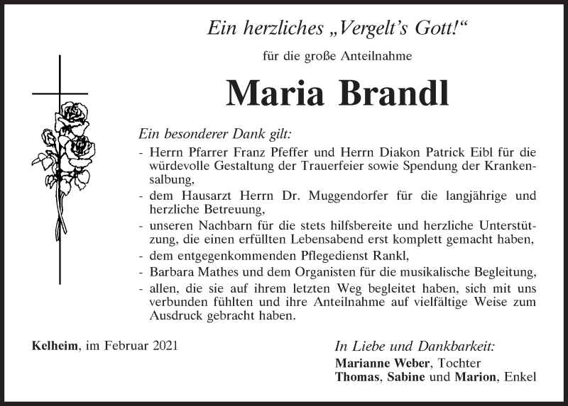  Traueranzeige für Maria Brandl vom 09.02.2021 aus Mittelbayerische Zeitung Kelheim