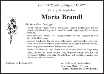 Traueranzeige von Maria Brandl von Mittelbayerische Zeitung Kelheim