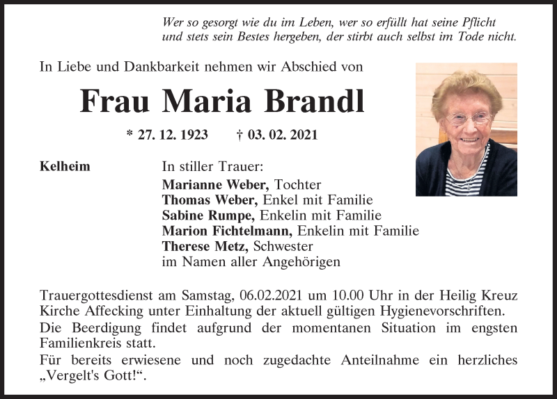  Traueranzeige für Maria Brandl vom 05.02.2021 aus Mittelbayerische Zeitung Kelheim