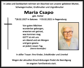 Traueranzeige von Maria Csapo von Mittelbayerische Zeitung Regensburg