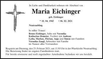 Traueranzeige von Maria Eichinger von Mittelbayerische Zeitung Regensburg