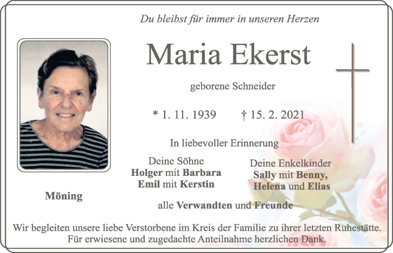  Traueranzeige für Maria Ekerst vom 17.02.2021 aus Neumarkter Tagblatt