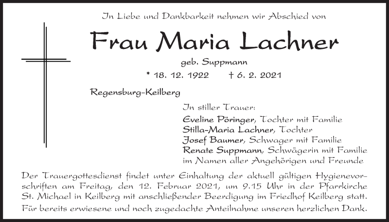  Traueranzeige für Maria Lachner vom 10.02.2021 aus Mittelbayerische Zeitung Regensburg