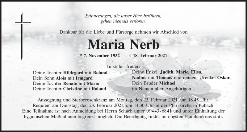  Traueranzeige für Maria Nerb vom 20.02.2021 aus Mittelbayerische Zeitung Kelheim