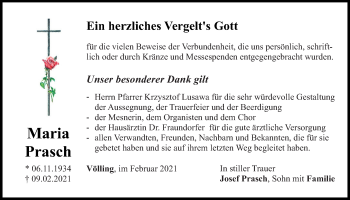 Traueranzeige von Maria Prasch von Bayerwald Echo