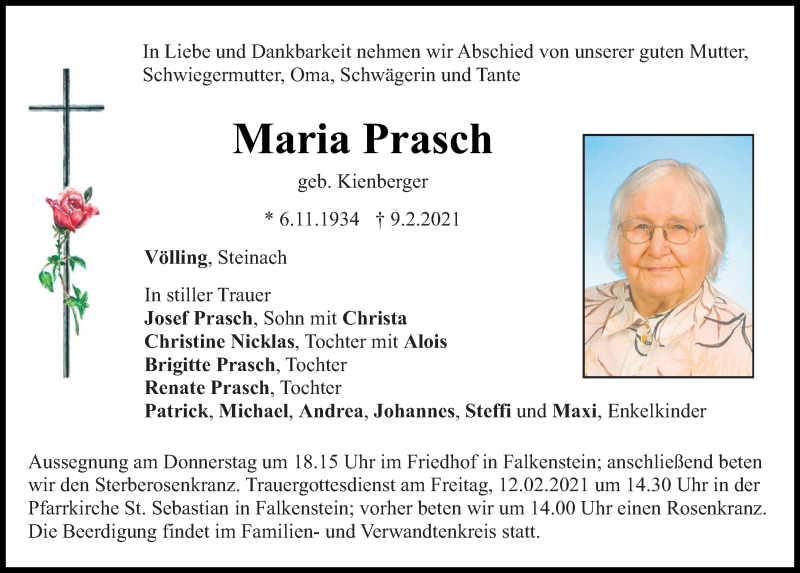 Traueranzeige für Maria Prasch vom 10.02.2021 aus Bayerwald Echo