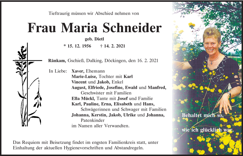  Traueranzeige für Maria Schneider vom 16.02.2021 aus Bayerwald Echo