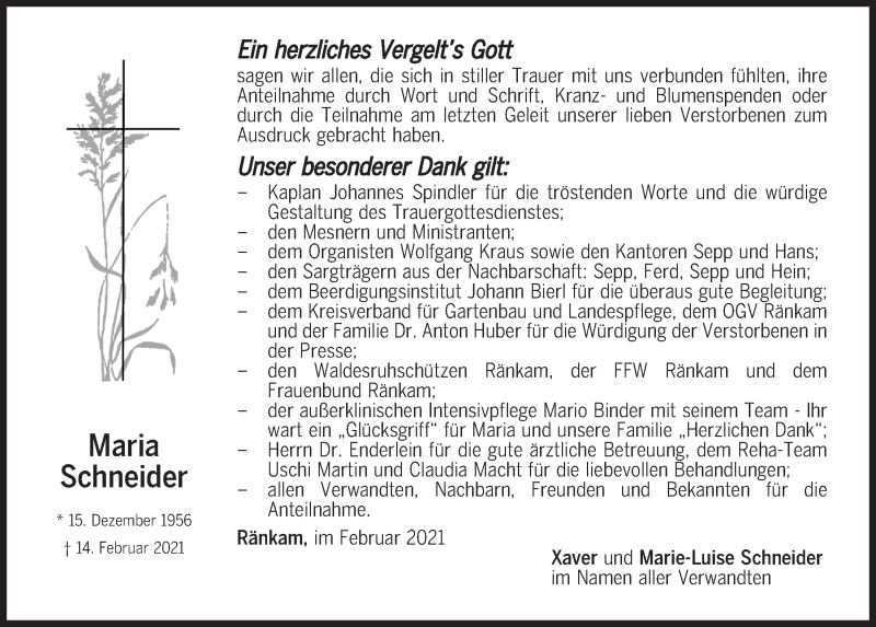  Traueranzeige für Maria Schneider vom 27.02.2021 aus Bayerwald Echo