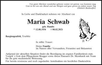 Traueranzeige von Maria Schwab von Mittelbayerische Zeitung Schwandorf