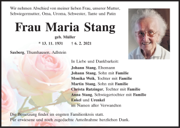 Traueranzeige von Maria Stang von Mittelbayerische Zeitung Regensburg