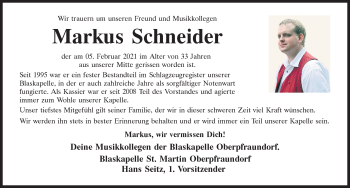 Traueranzeige von Markus Schneider von Mittelbayerische Zeitung Regensburg