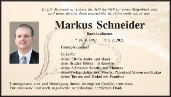 Traueranzeige von Markus Schneider von Mittelbayerische Zeitung Regensburg